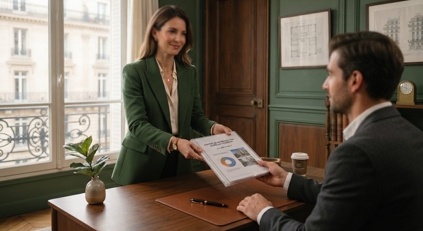 Conseillère Edenel présentant un dossier à un couple dans le salon de l'agence